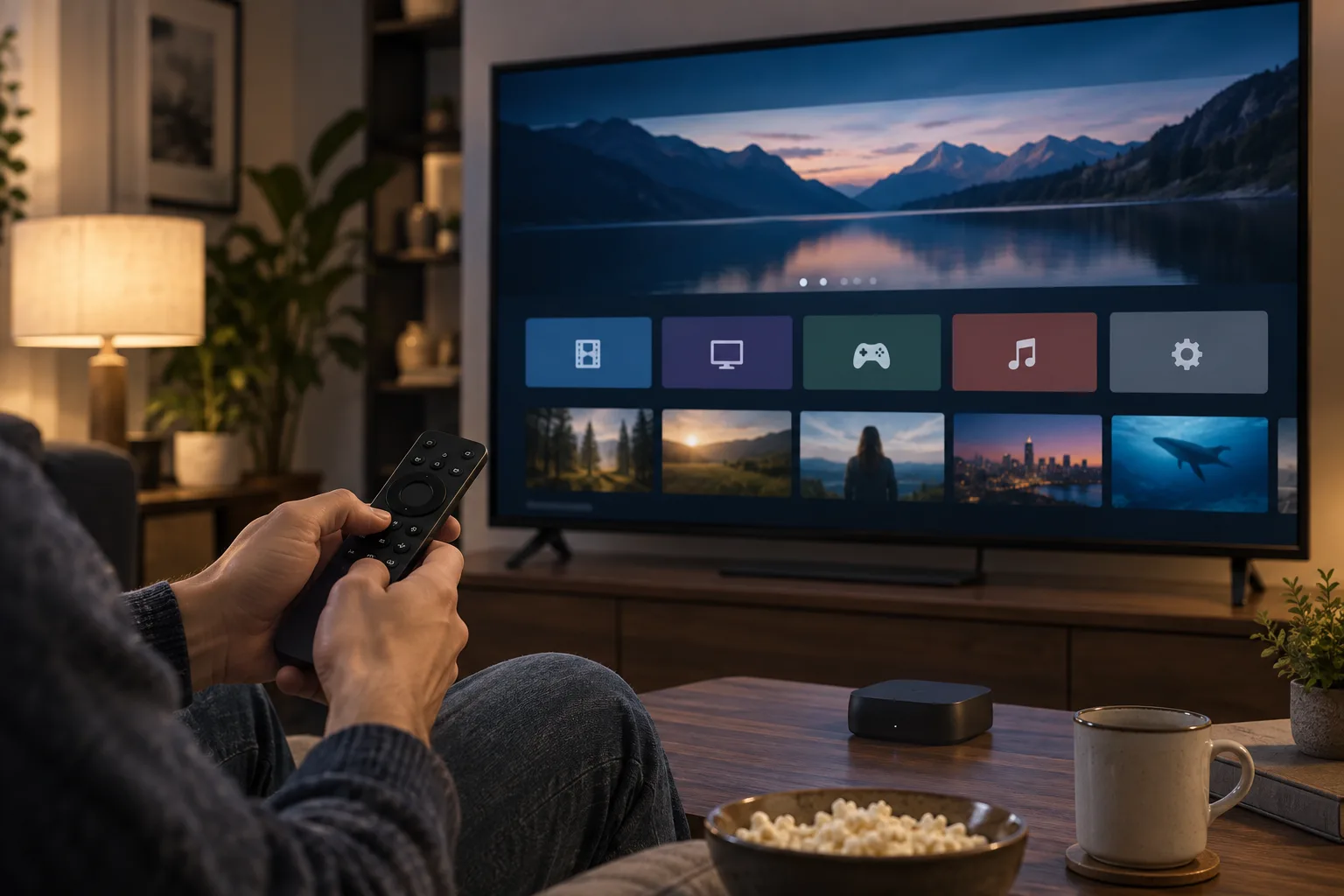 Télécommande devant une interface de lecteur IPTV sur téléviseur