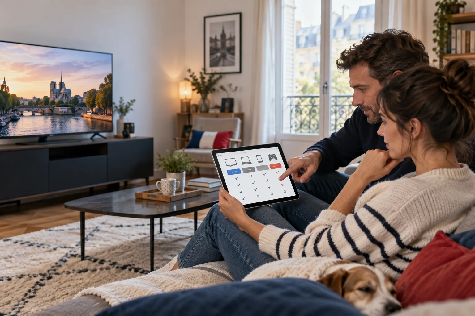Couple comparant les appareils et critères avant d’acheter un abonnement IPTV