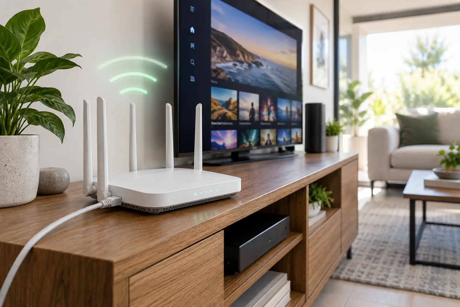Routeur Wi-Fi et câble Ethernet préparés pour un service IPTV stable